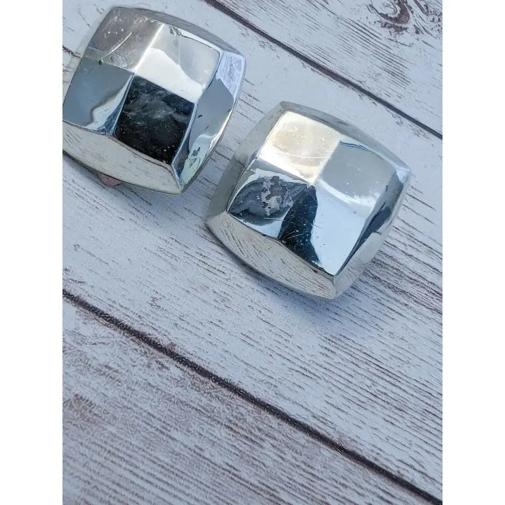 Vintage Clip On Earrings - Chunky Silver Tone - Scuffed